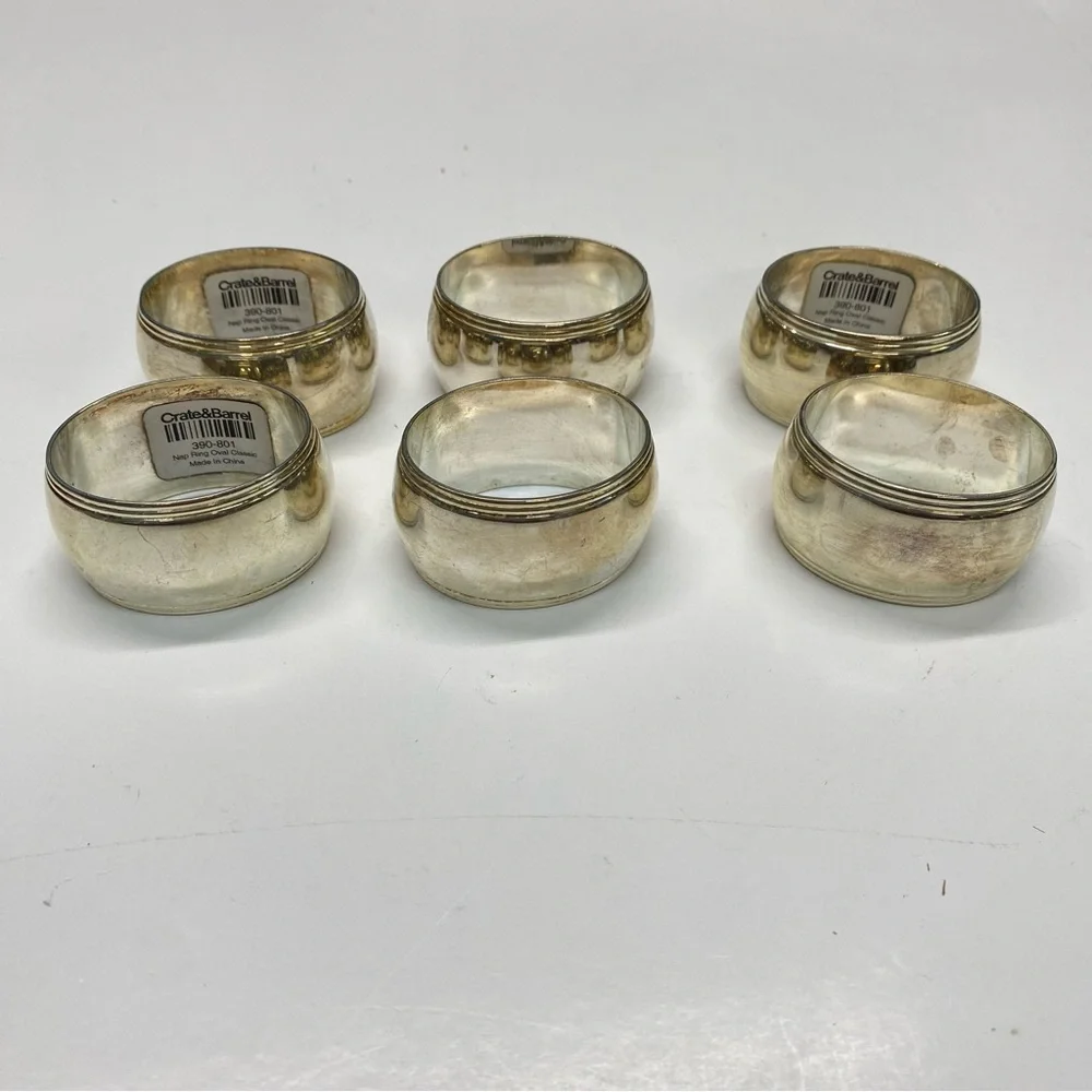 Crate & Barrel 6 Napkin Rings Oval Classic Silver Plate Vintage all Occasion